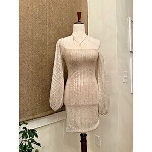 Ay Sequined Dress Size 2 Long Sleeves Bodycon Mini Beige and Silver NWT